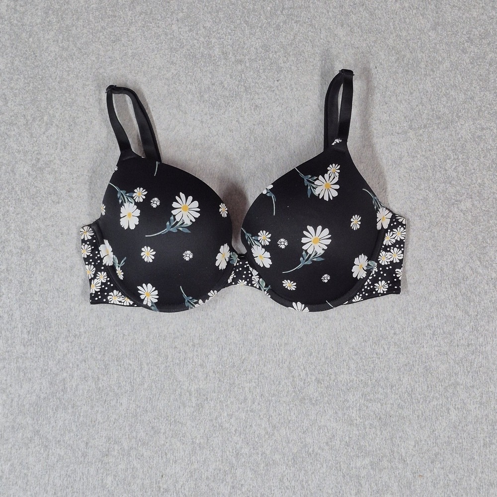 PINK Women Bra 34D Black Floral Daisy Wear Everywhere Push Up Underwired